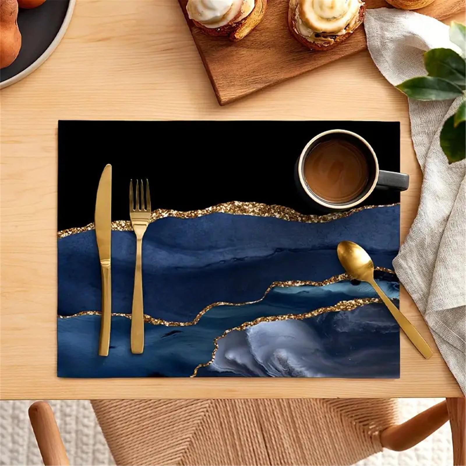 Treer Placemats Set of 2/4/6/8 Place Mats for Table Washable Stain Resistant 30x45cm Table Mats Dinner Table Decorations for Restaurant Kitchen Dining Wedding Decor - Classic Marble (Gold blue,4 pcs)