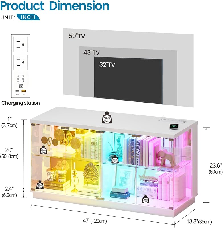 Lvifur 47.2" W Display Cabinet with Glass Doors and Sensor RGB Lights,White image 2