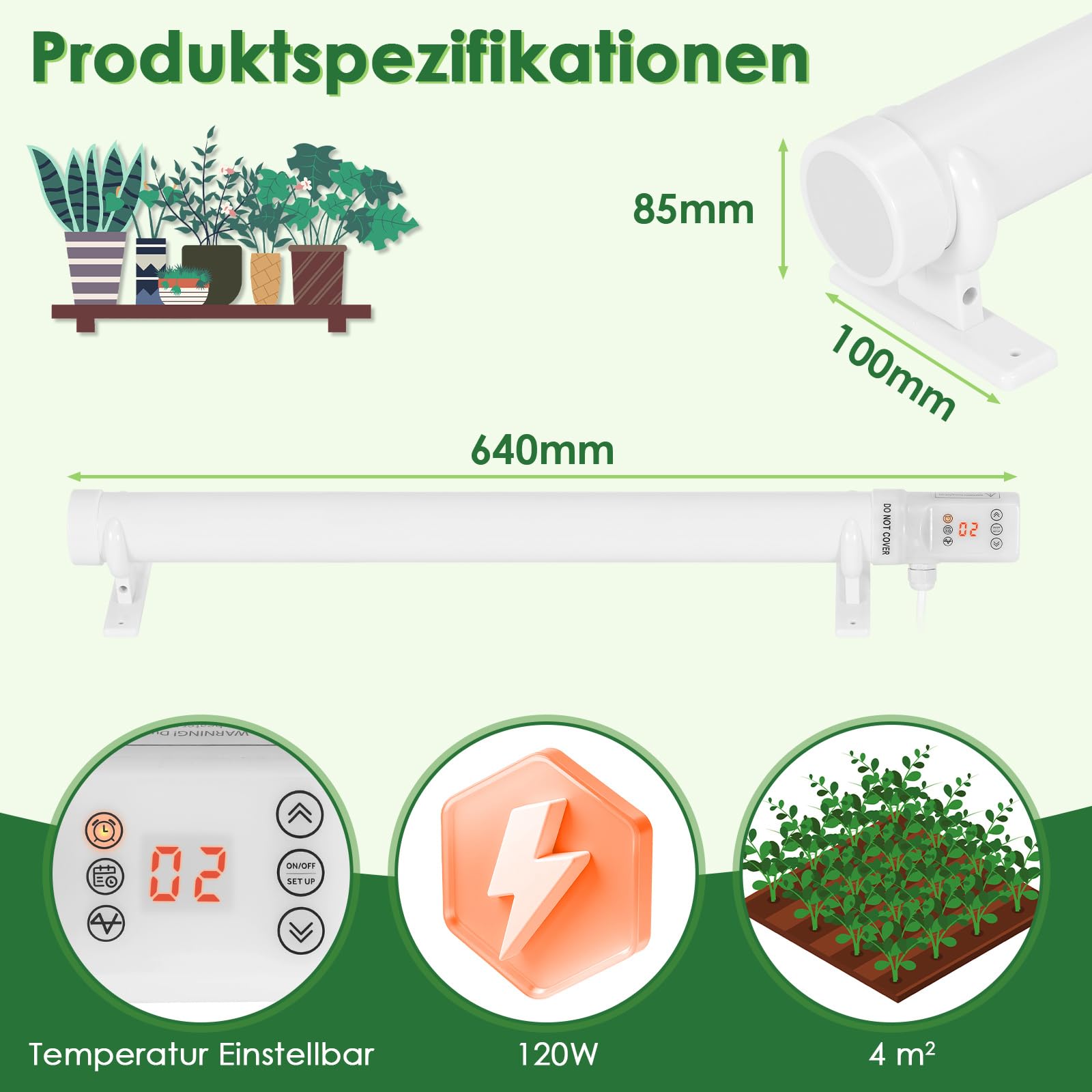 Riscaldamento per serra, 120 W, con timer, 64 cm, protezione antigelo per