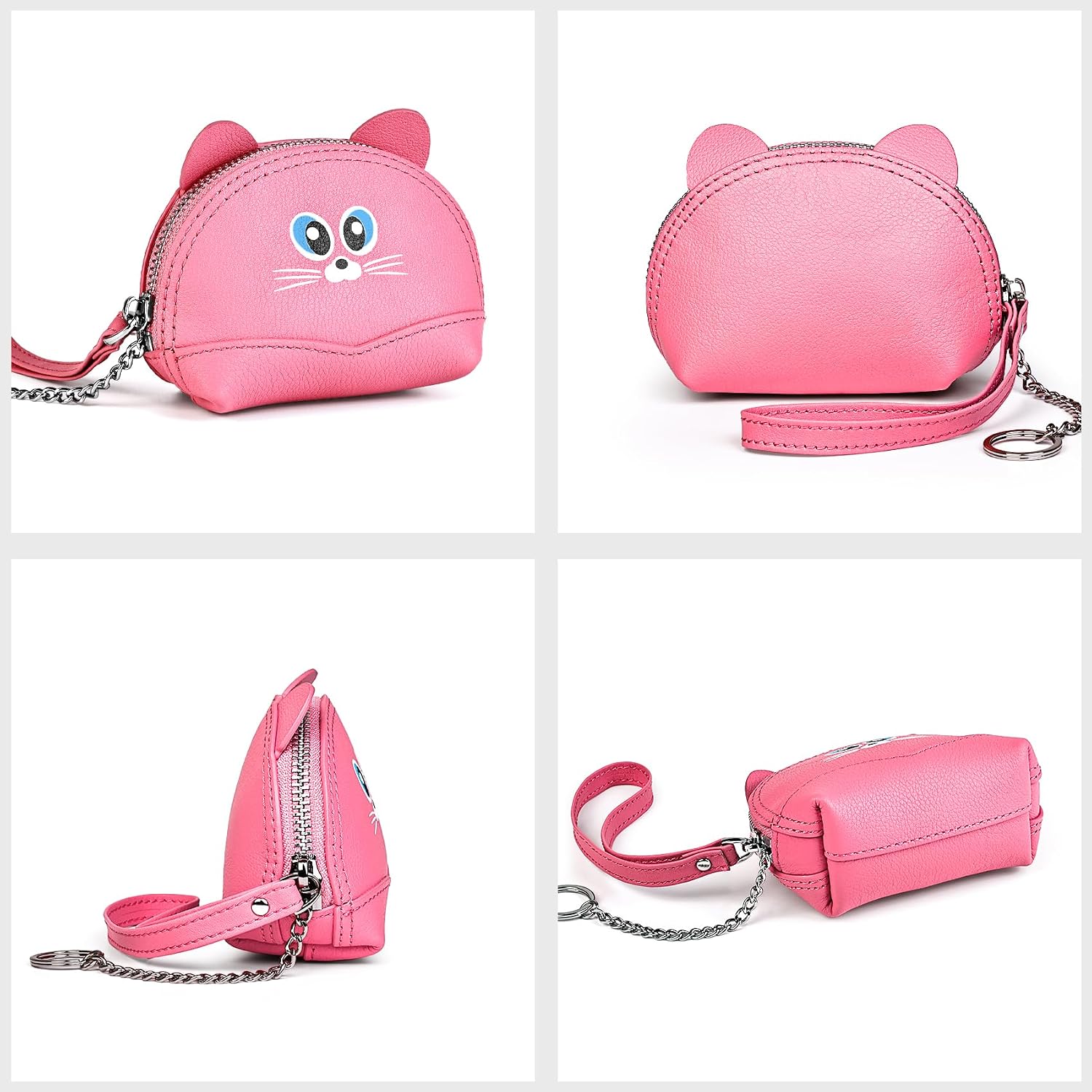 Cute Animal Coin Purse, Genuine Leather Multi‑Color Mini Zipper Wallet with Key Ring, Portable Small Change Pouch for Coins Cards Earbuds, Gift for Women Kids (Pink, Cat)