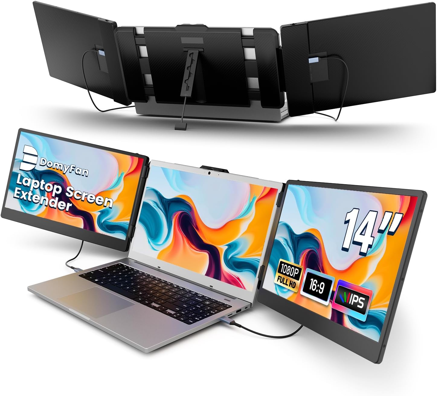 14″ Laptop Screen Extender, FHD 1080P IPS Triple Portable Monitor for Laptop, HDMI/USB-A/Type-C Plug and Play for Windows, Mac, Android, Chrome, Switch & PS5, Work with 13.3”-17” Laptops
