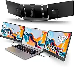 domyfan Extensor de tela de laptop de 14 polegadas, monitor portátil triplo FHD 1080p IPS para laptop, HDMI/USB-A/Tipo-C para Windows, Mac, Android, Chrome, Switch e PS5, funciona com laptops de 13,3