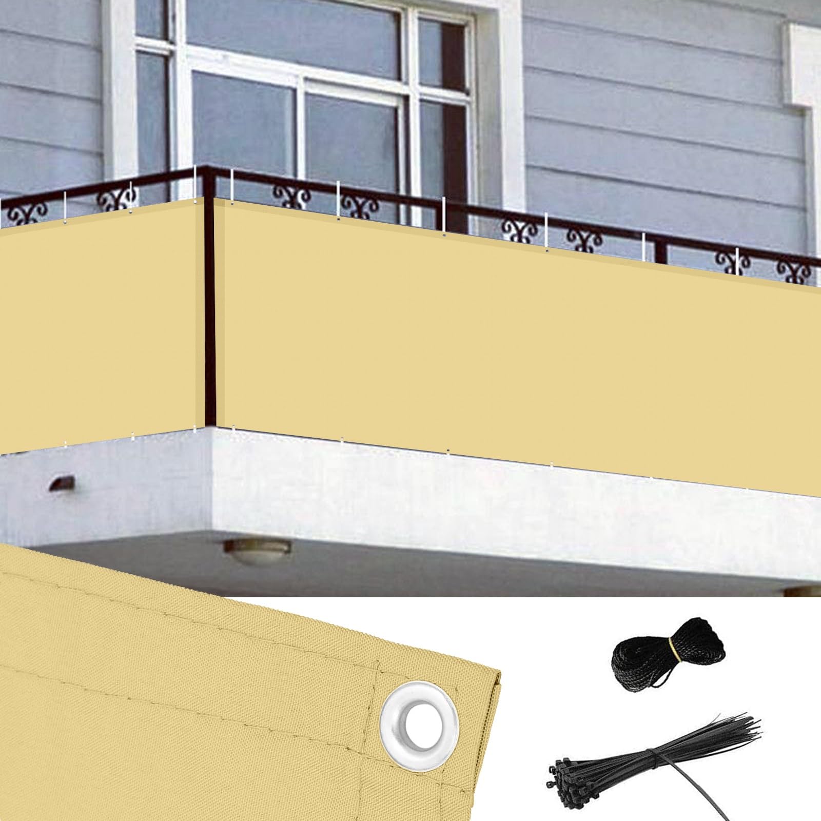 Osłona Balkonowa HDPE 130 x 490 cm Odporny Na Warunki Atmosferyczne Wytrzymały Osłona Prywatności Na Ogrodzenie Na Zewnątrz Ogród Patio Na Imprezę, Piaskowy żółty
