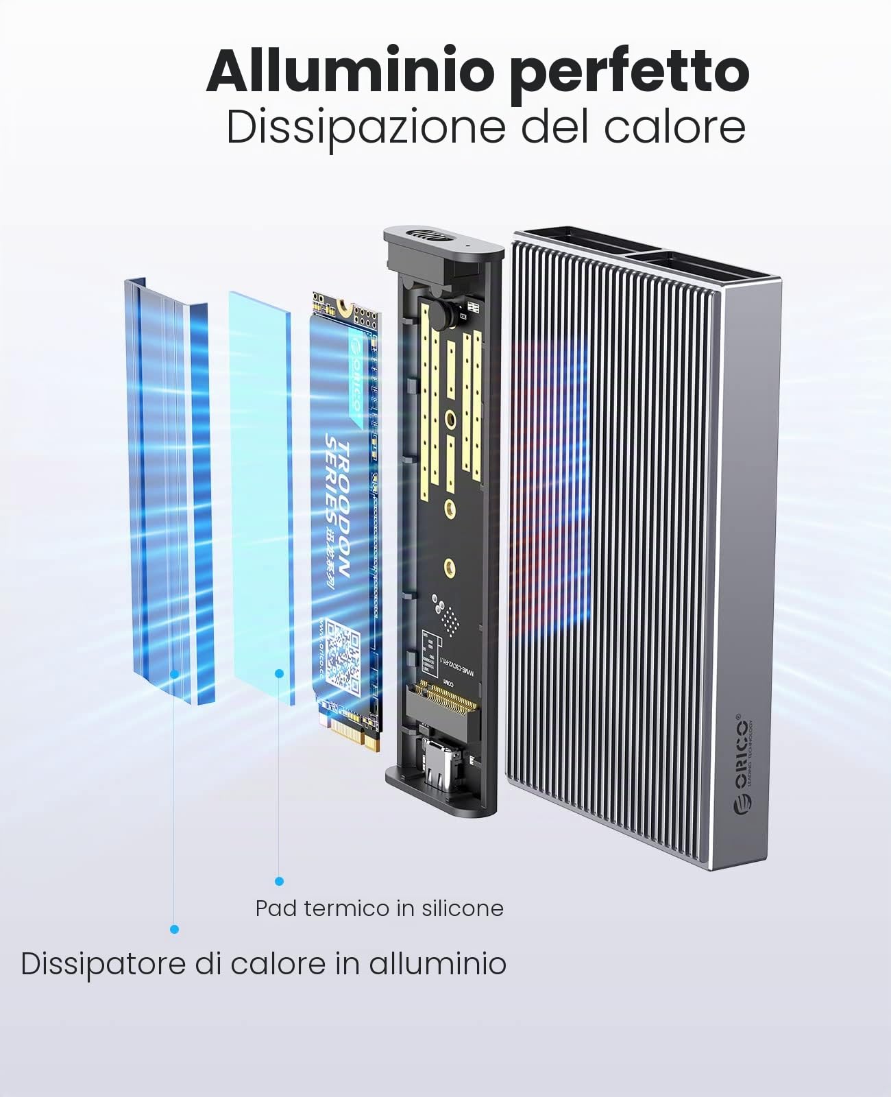 ORICO Case SSD M.2 SATA 6Gbps Adattatore Senza Attrezzi in Alluminio, USB3.2 USB-C per M.2 PCIe NVMe M-Key 2230/2242/2260/2280 SSD, Thunderbolt 3 Compatibile, Supporto per UASP Trim- BM2G2