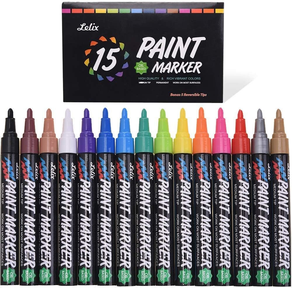 Paint Pens, Lelix 15 Pack Oil Based Permanent Paint Markers for Rock Painting, Wood, Metal, Ceramic, Glass and Almost All Surfaces, Medium Tip with Quick Dry, Water Resistant Ink