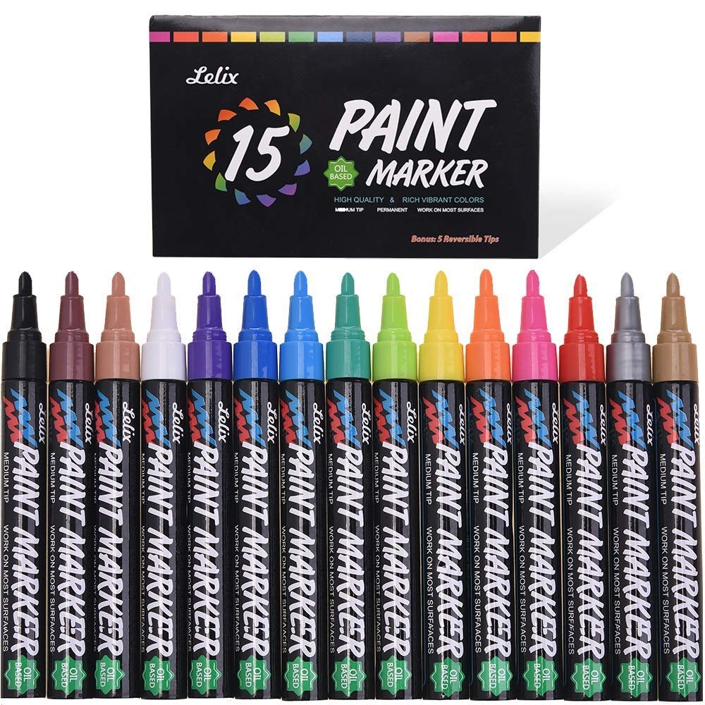 Paint Pens, Lelix 15 Pack Oil Based Permanent Paint Markers for Rock Painting, Wood, Metal, Ceramic, Glass and Almost All Surfaces, Medium Tip with Quick Dry, Water Resistant Ink
