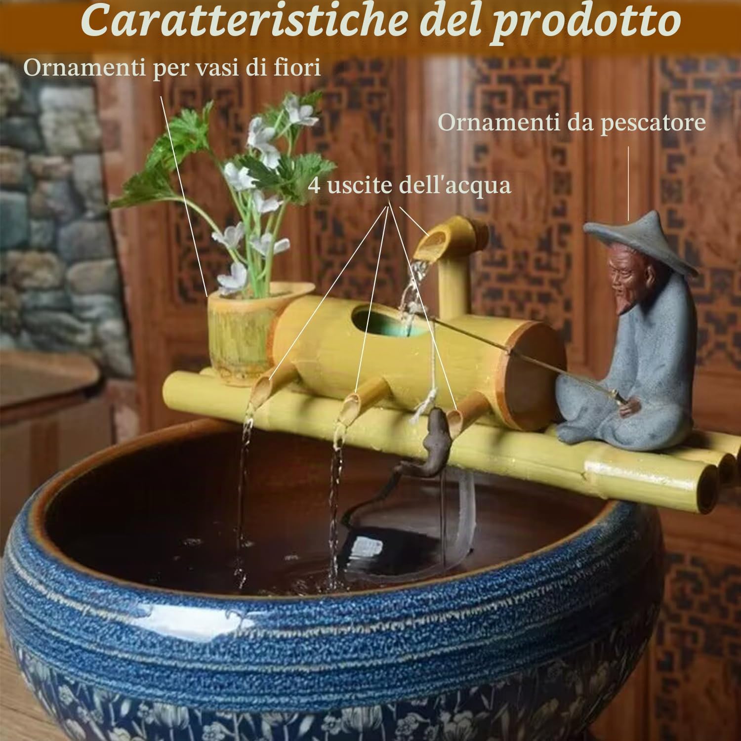 Fontana Ad Acqua in bambù da 45 Cm Ad Energia Solare per Giardino Esterno, Fontana Zen con 4 Uscite Dacqua, Perfetta per Patii E Laghetti - Tranquilla Fontana da Giardino