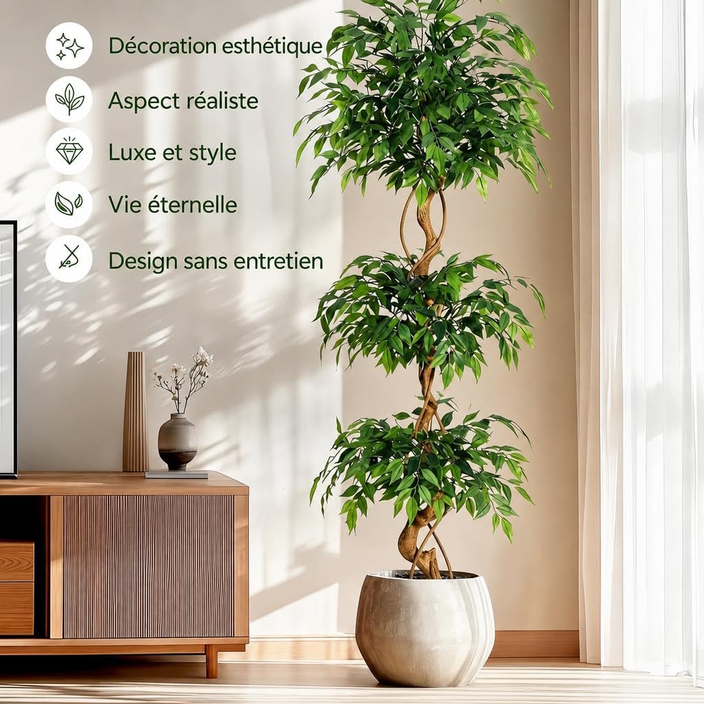 Arbre Artificiel 180cm Tronc Courbé et Pot Blanc, Déco Intérieur | Grande plante artificielle, faux arbre vert silhouette torsadée, végétal synthétique pour entrée, salon, bureau et maison