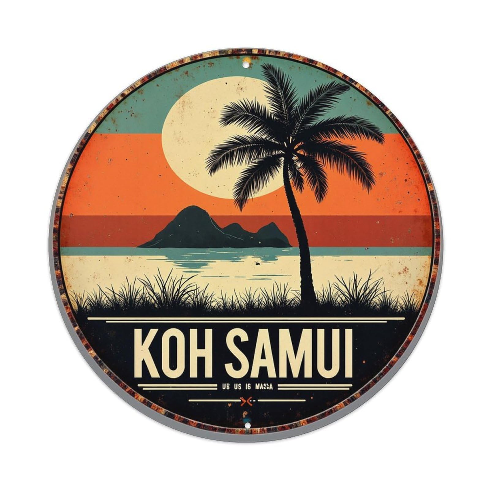 Tropical Sunset Palm Island Beach Vintage Round Tin Sign Retro Metal Wall Decor Metal Poster, Home Bar Garage Cafe Wall Art Decoration 8x8Inches