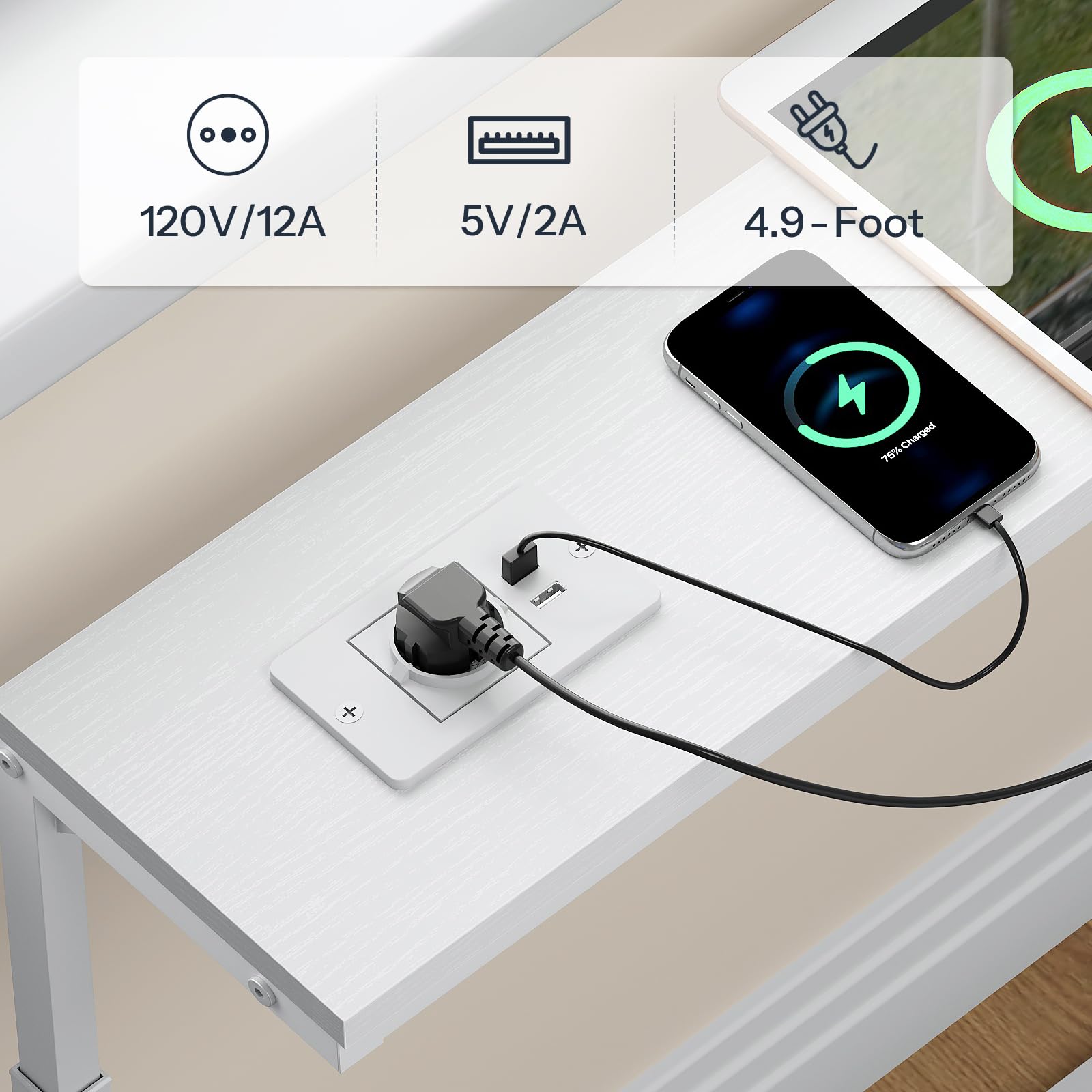 HOOBRO Consolle da Ingresso Stretta, Regolabile a 5 Altezze (65-85 cm) | Tavolino con 2 Stazioni di Ricarica (1 Porta AC, 2 Porte USB), per Divano, Ingresso, Corridoio, Atrio, Bianco