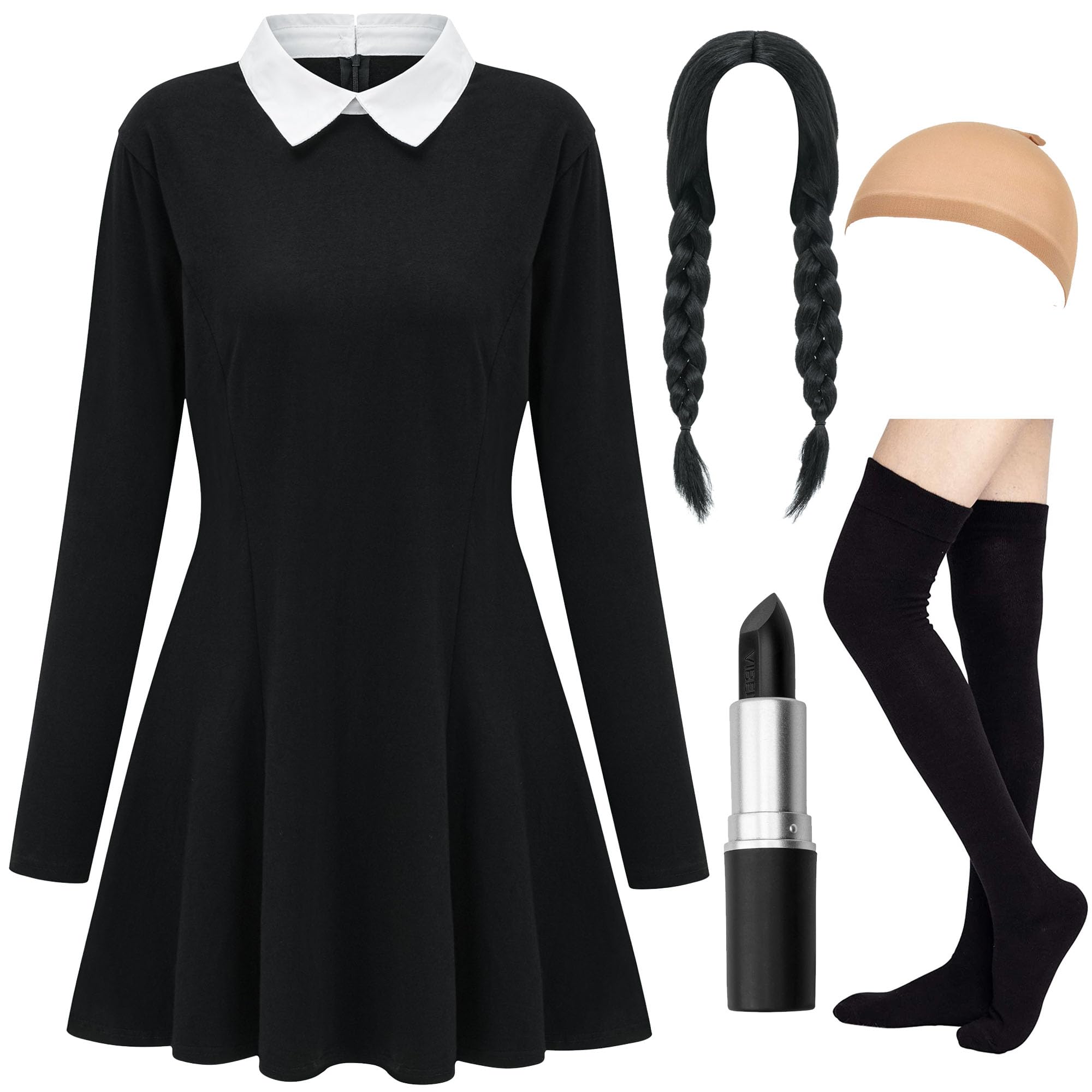 Halloween Costumes for Women - White Collar Long Sleeve Black Dress, Black Braided Wig and Sock