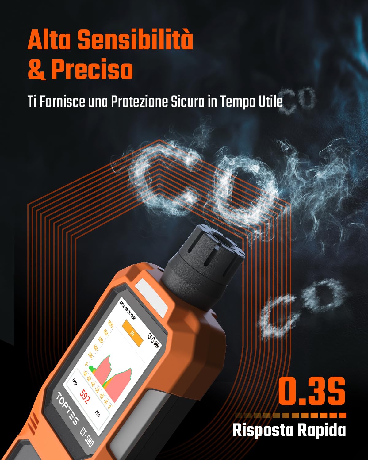 TOPTES CT-580 Rilevatore di monossido di carbonio, rilevatore di CO ricaricabile con allarmi a vibrazione, visivi e acustici, allarme CO portatile, 0-1000PPM per casa, auto, campeggio e viaggi