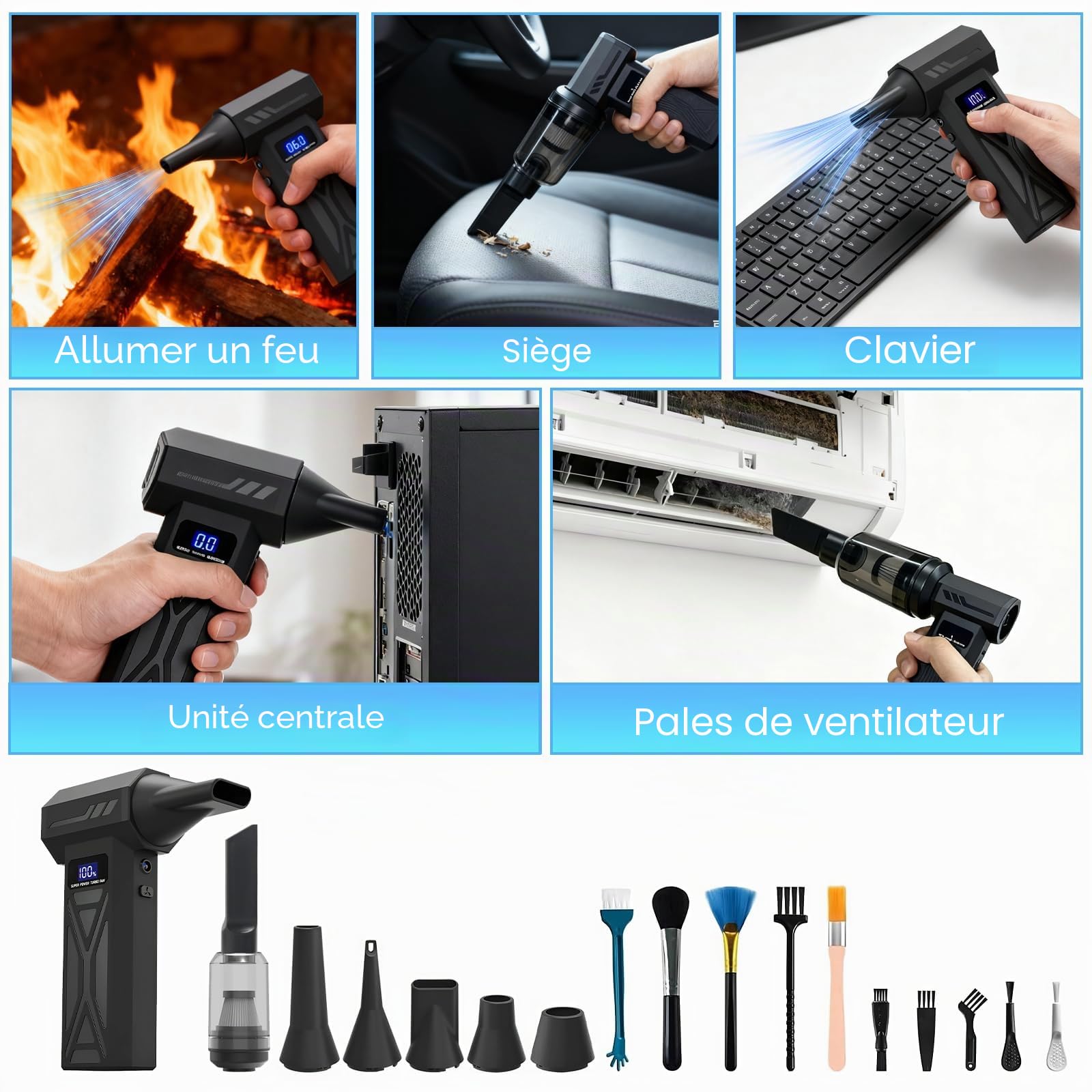 Souffleur Air Comprimé avec Lampe de Poche,150000 tr/min, Souffleur Électrique 4 -Vitesses avec Affichage avec Buses Multi-Usages pour Clavier, Extérieur,Car, Maison,Air Comprimé Nettoyage PC