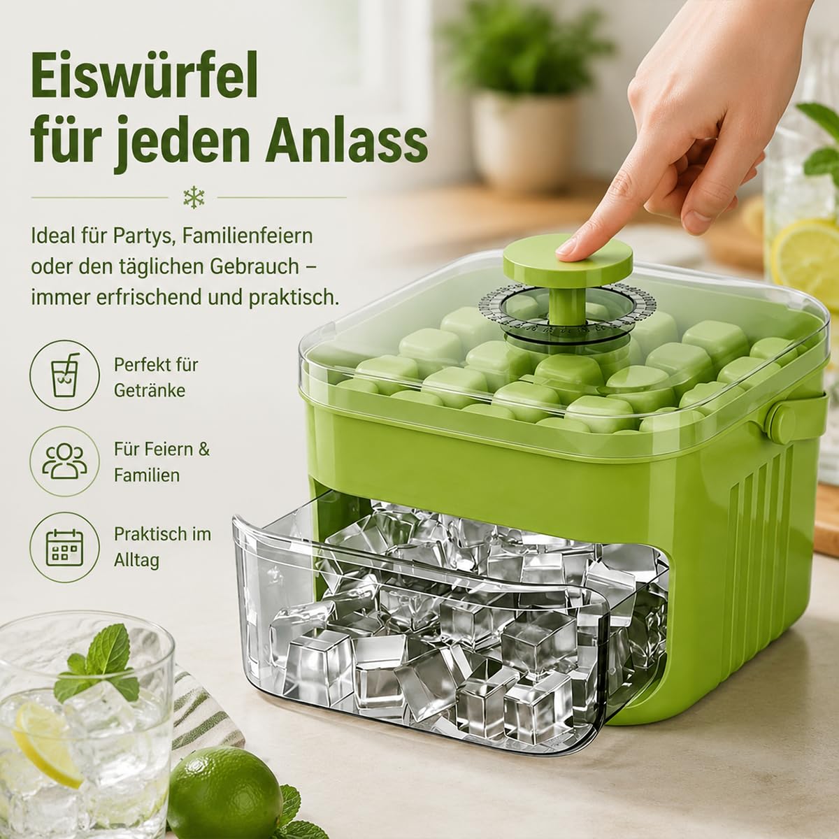 Tragbarer Eiswürfelbereiter mit Deckel, Portable Ice Cube Maker, Eiswürfelmaschine mit Pressmechanismus, 50 ​​Fächern, Eiswürfelform, mit Schublade und Auffangbehälter, für die heimische Küche (Grün)