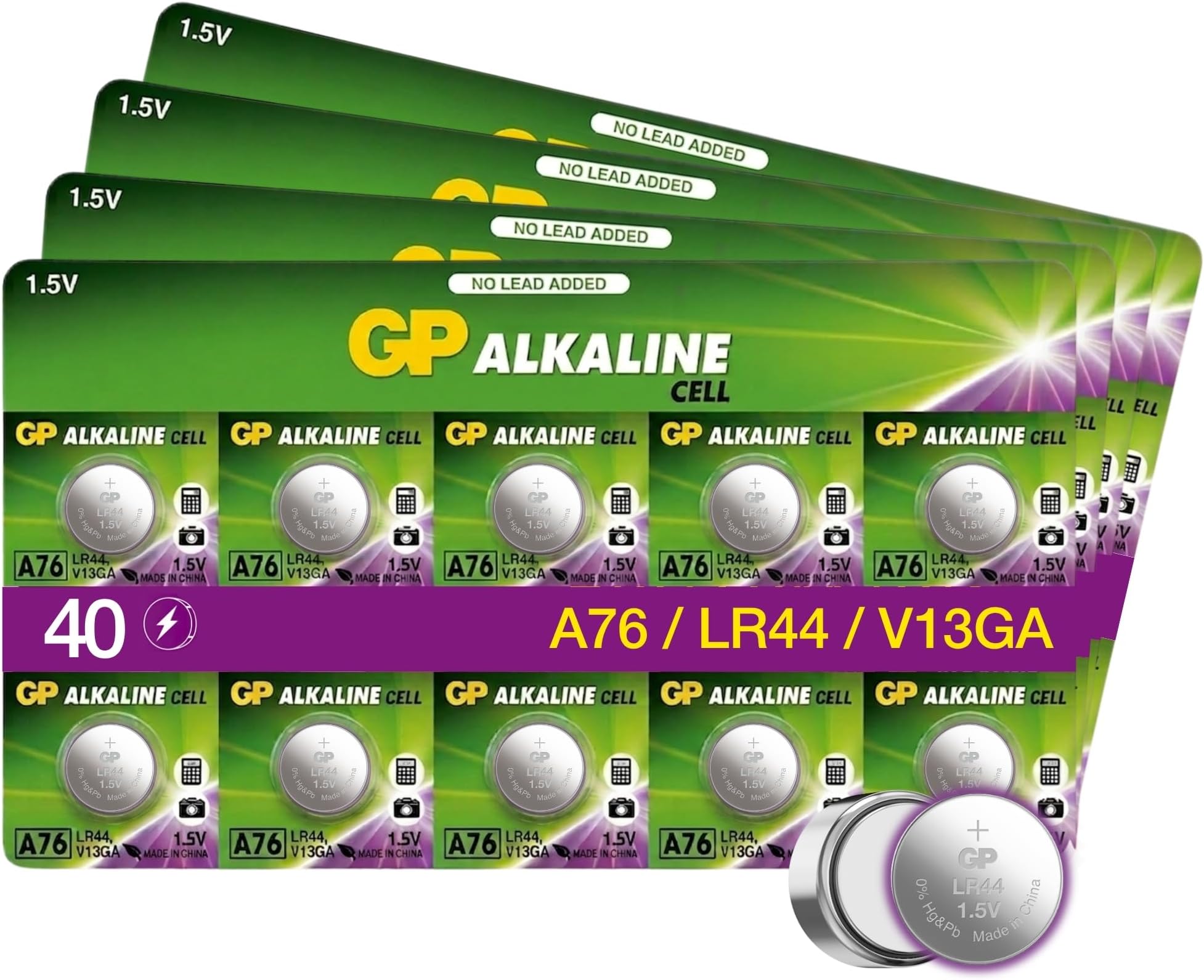 LR44 40-Pack of GP Batteries LR44 Button cell batteries Also known as AG13 / A76 suitable for Toys Calculators/Tv Remotes/Watches etc