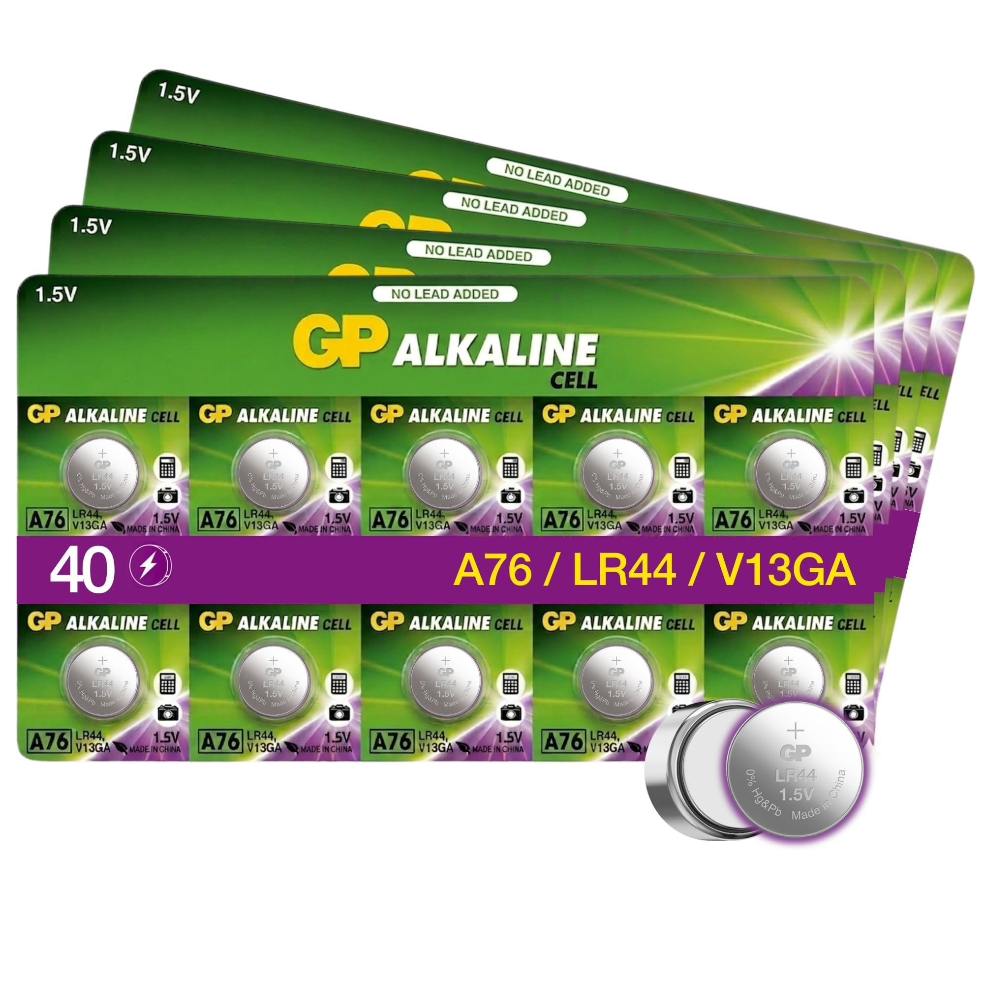 LR44 40-Pack of GP Batteries LR44 Button cell batteries Also known as AG13 / A76 suitable for Toys Calculators/Tv Remotes/Watches etc