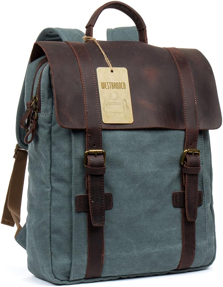 Canvas Real Leather Backpack Vintage Casual School Bag Retro Unisex Travel Bag Fashionable Rucksack Light Blue - WESTBRONCO