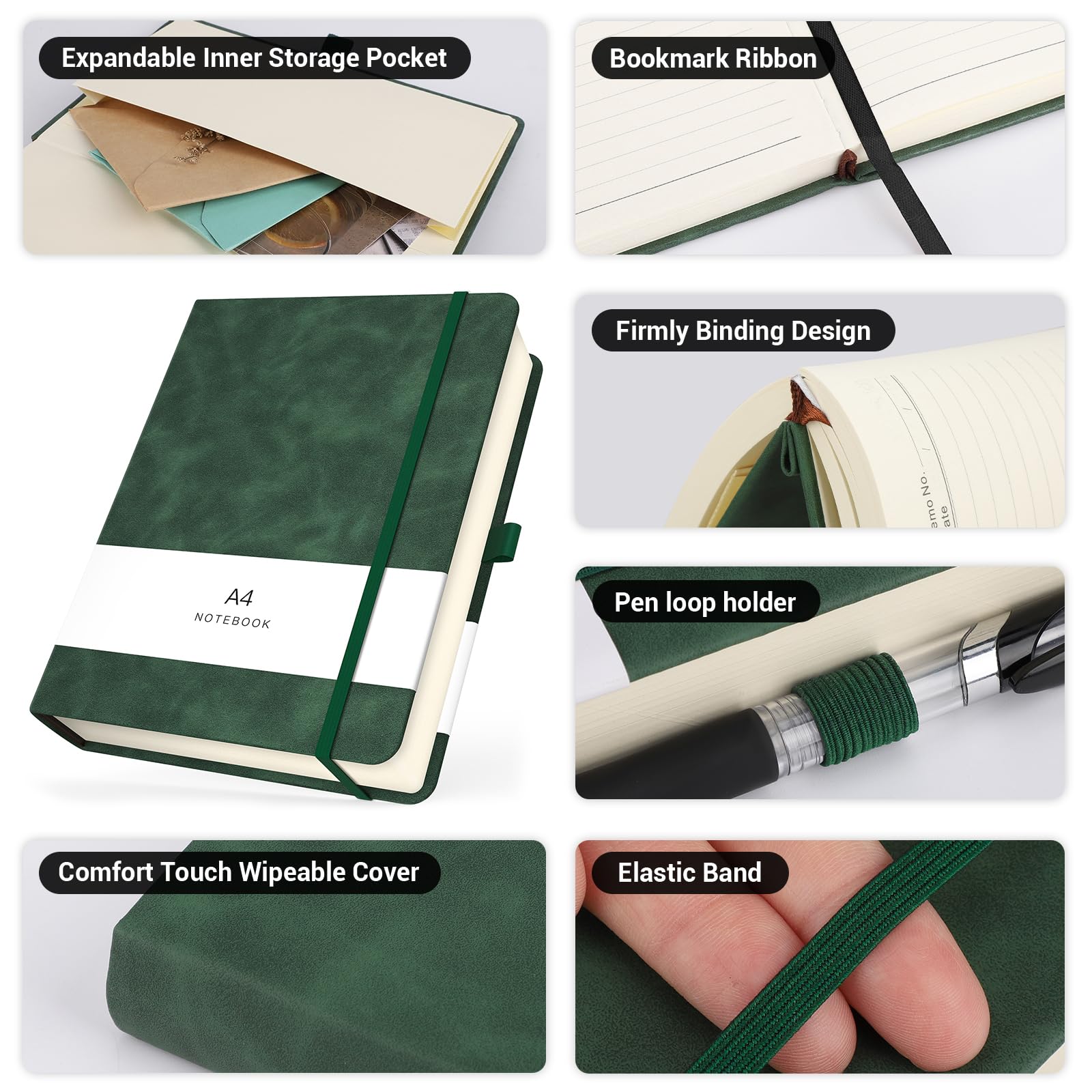 Carnet de Notes A4 Lignées - 360 Pages Journal Cuir Vegan 21.6x28.5cm - Ligné Papier Épais 100g/m², Couverture Rigide, Élastique et Poche Intérieure