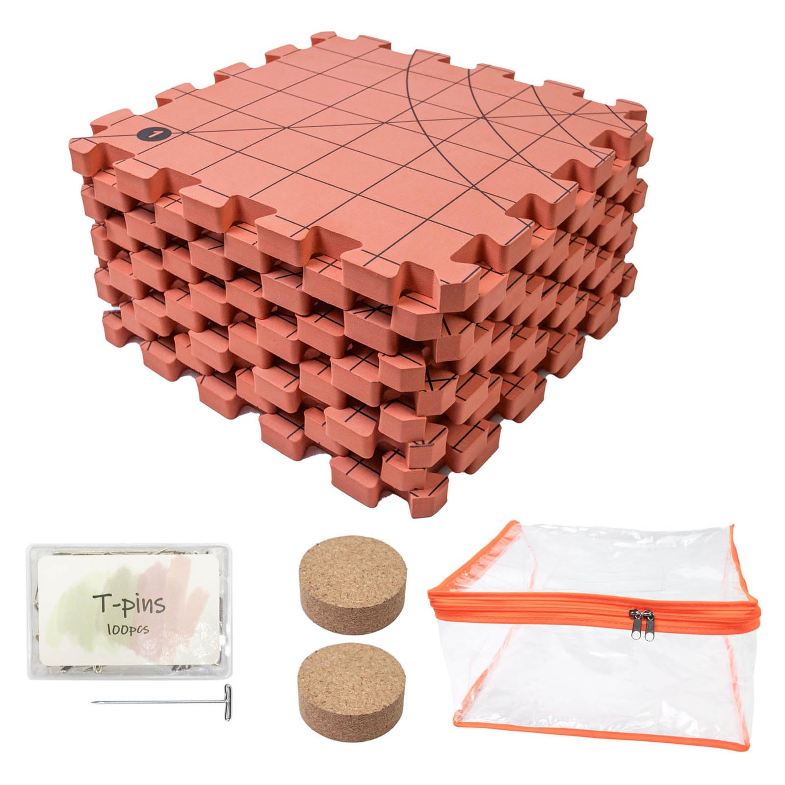 NEWFT 9Pcs Knitting Blocking Mat with 100Pcs 38mm T Pin 32x32cm Foam Crochet Blocking Board for Granny Squares Making Beginner Weaving Tool