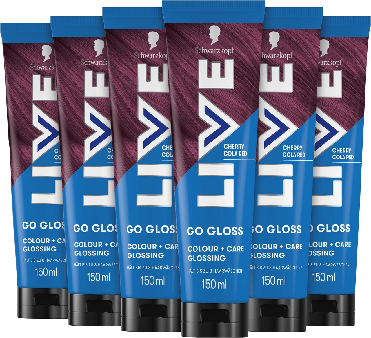 Schwarzkopf LIVE Go Gloss Colour + Care Glossing Cherry Cola Red (6x 150 ml), temporäre Coloration hilft, Haarbruch und Spliss zu reduzieren, hält bis zu 8 Haarwäschen