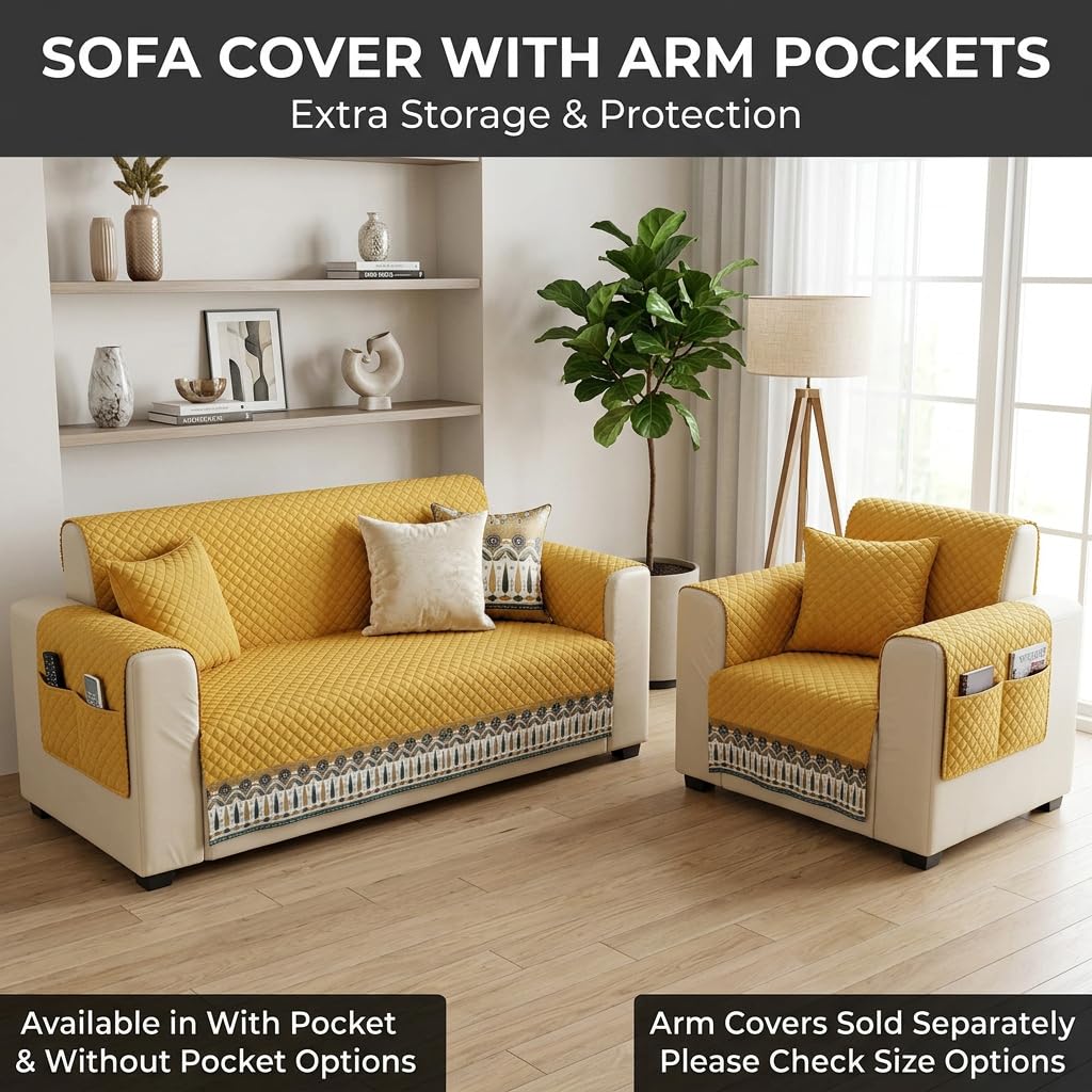 KINGLY Sofa Cover 3 Seater Fully Covered | Stretchable Anti-Slip Slipcover | Washable Furniture Protector | Mustard Yellow | Set of 2 | Seat & Back | 4