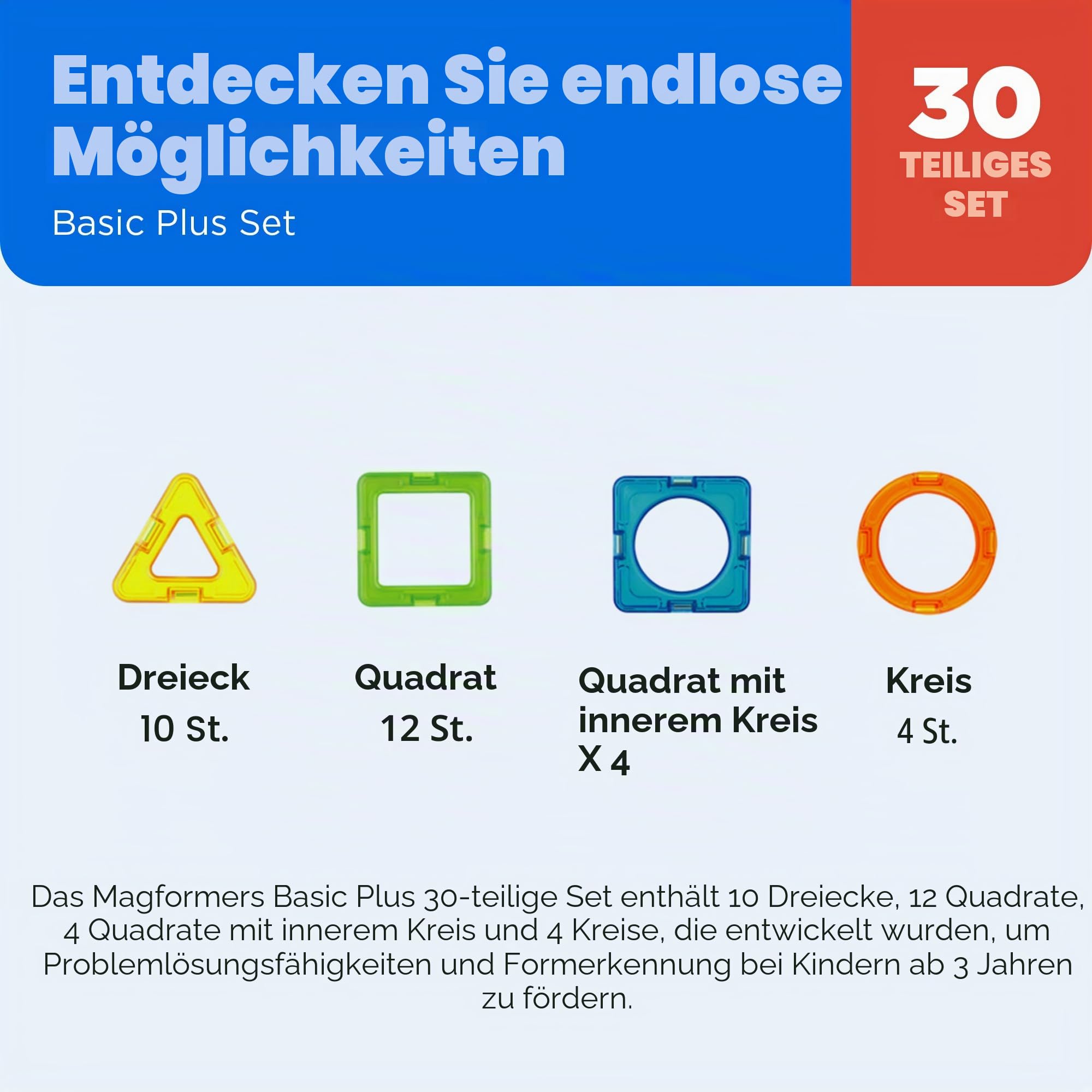 MAGFORMERS Basic Plus 30-teiliges Spielzeug-Set, Regenbogenfarben, pädagogische magnetische geometrische Formen, Fliesen, Bausteine, STEM-Spielzeug-Set, ab 3 Jahren