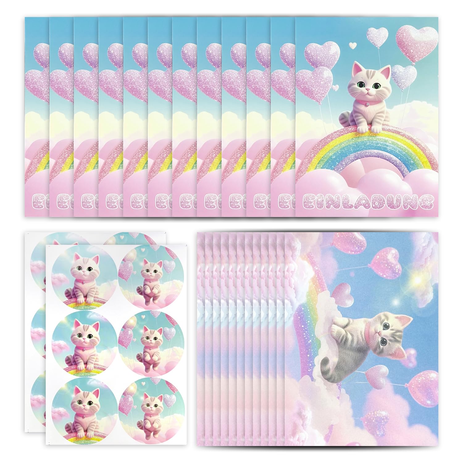 GDFHBD 12 Cat Invitation Cards, 12 Rainbow Envelopes, 12 Adhesive Sealing Stickers, Flashing Cute Invitations, Birthday Party Invitation Cards.
