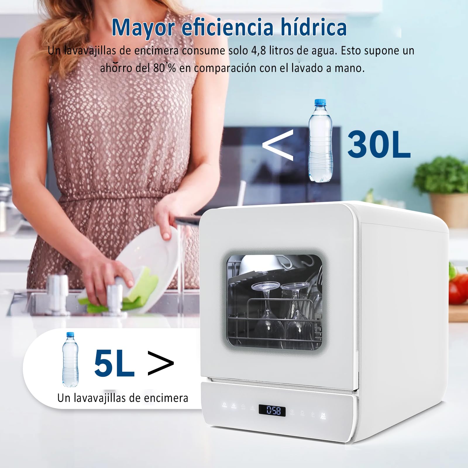 YU YUSING Lavavajillas de Encimera 45 cm 4.8 L con 7 Programas 5 Juegos, Mini Lavavajillas Pequeño con 2 Suministro Agua, Portátil, Control Táctil, Pantalla LED para Casa Oficina Camping, Blanco