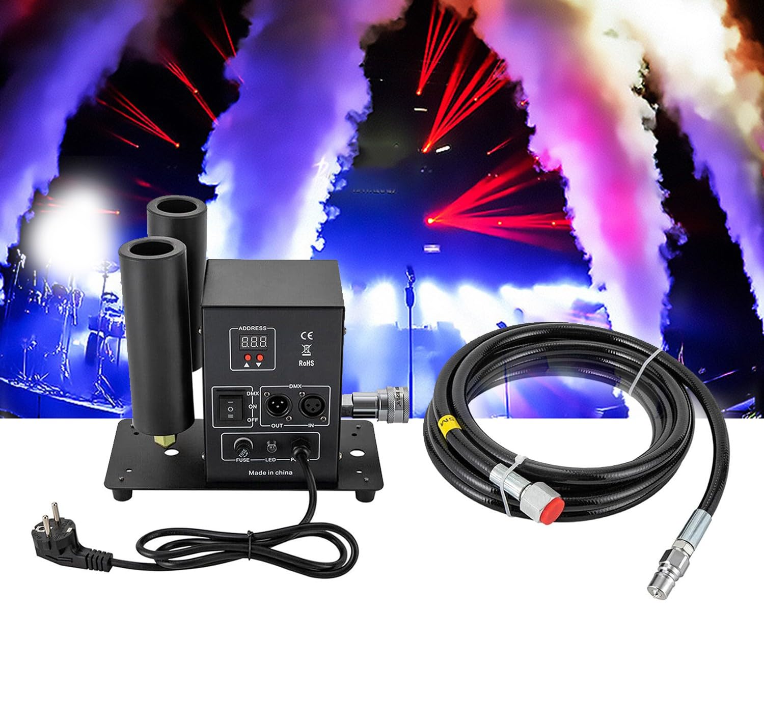 BLUEZY Máquina De Chorro De CO2 DMX, Máquina De Niebla De CO2, Máquina De Humo, Control DMX, Tubo Doble, para Efectos De Espectáculo De DJ En Escenario, Navidad, Espectáculos, Fiestas