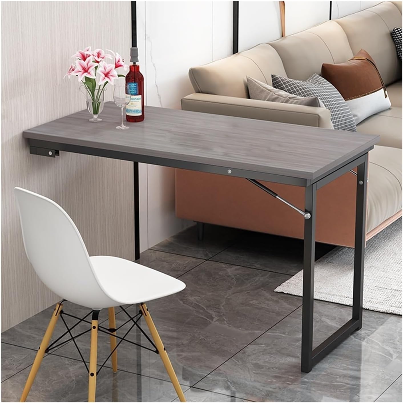 Wall Mounted Folding Table,Wall-Mounted Kitchen Table,Floating Desk for Wall,Retractable Support Feet, Convertible Partition, Suitable for Living Room, Dining Room, Small Space Indoor (Color : White