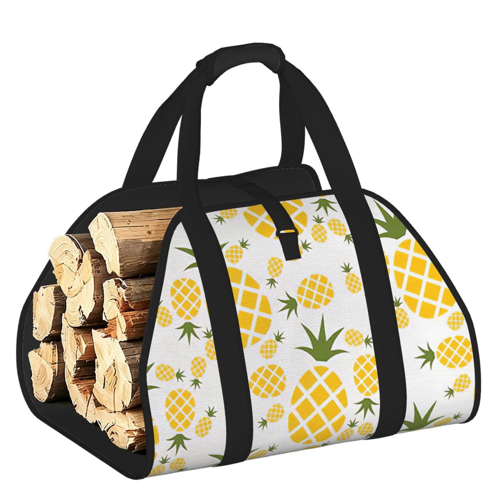 Pphgut Black Pineapple. Print Firewood Bag Wood Carrier Transport Sack Camping Picnic Storage Daily Home