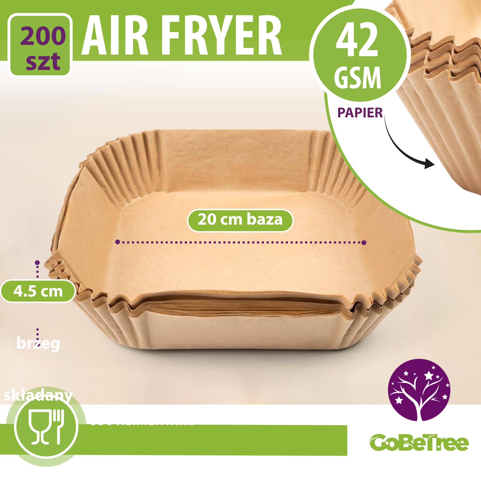 GoBeTree 200 Papier Do Frytkownicy Beztłuszczowej Kwadratowy 20-24,5 cm. Nieprzywierający Air Fryer Papier Cosori 5,5L 6L Cecotec Philips Ninja Bez BPA Perforowany Jednorazowy Do Piekarnika