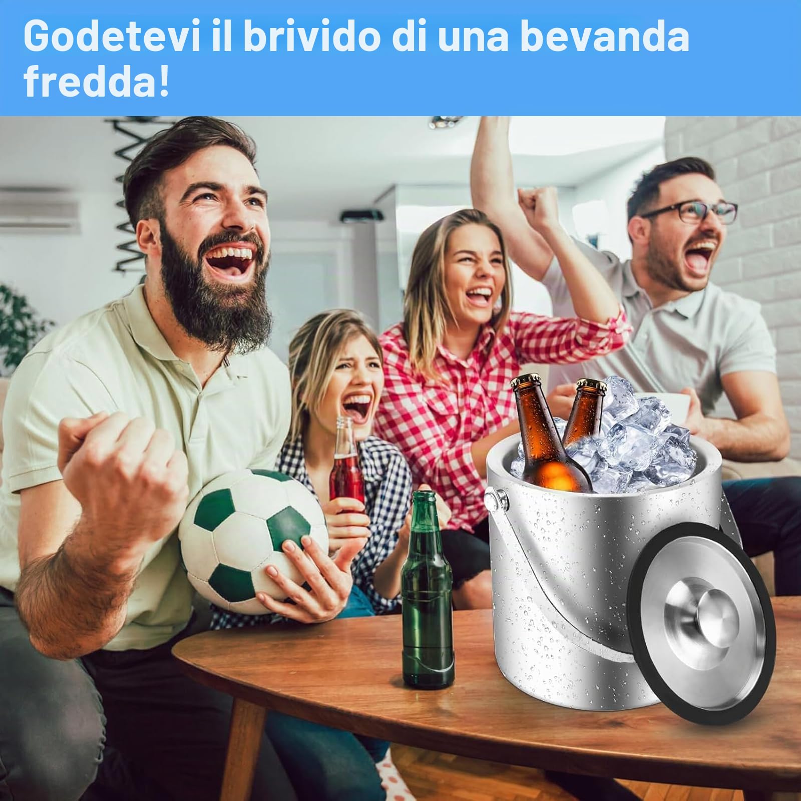 Contenitore rotondo per cubetti di ghiaccio, contenitore rotondo per cubetti di ghiaccio, da 2 l, in acciaio inox, per bar, feste, per conservare bevande