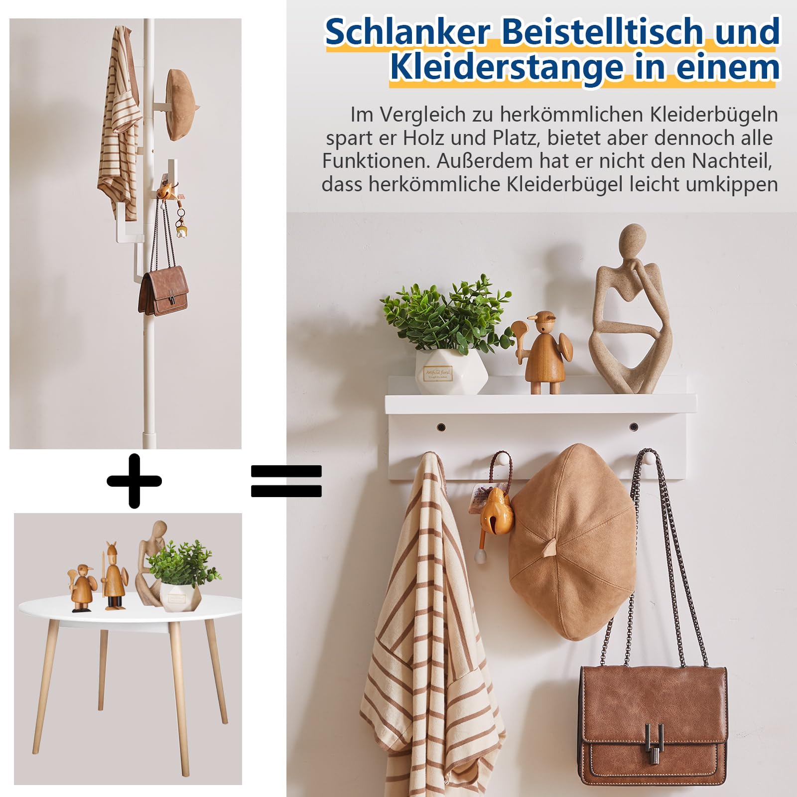 Aibiju Wandgarderobe mit Ablage, Kleiderhaken aus Holz mit Wandregal, 40 cm Wandregal, Schlüsselhalter für den Eingangsbereich, für Badezimmer, Küche, Kleiderhaken, Weiß YD-WS0240W