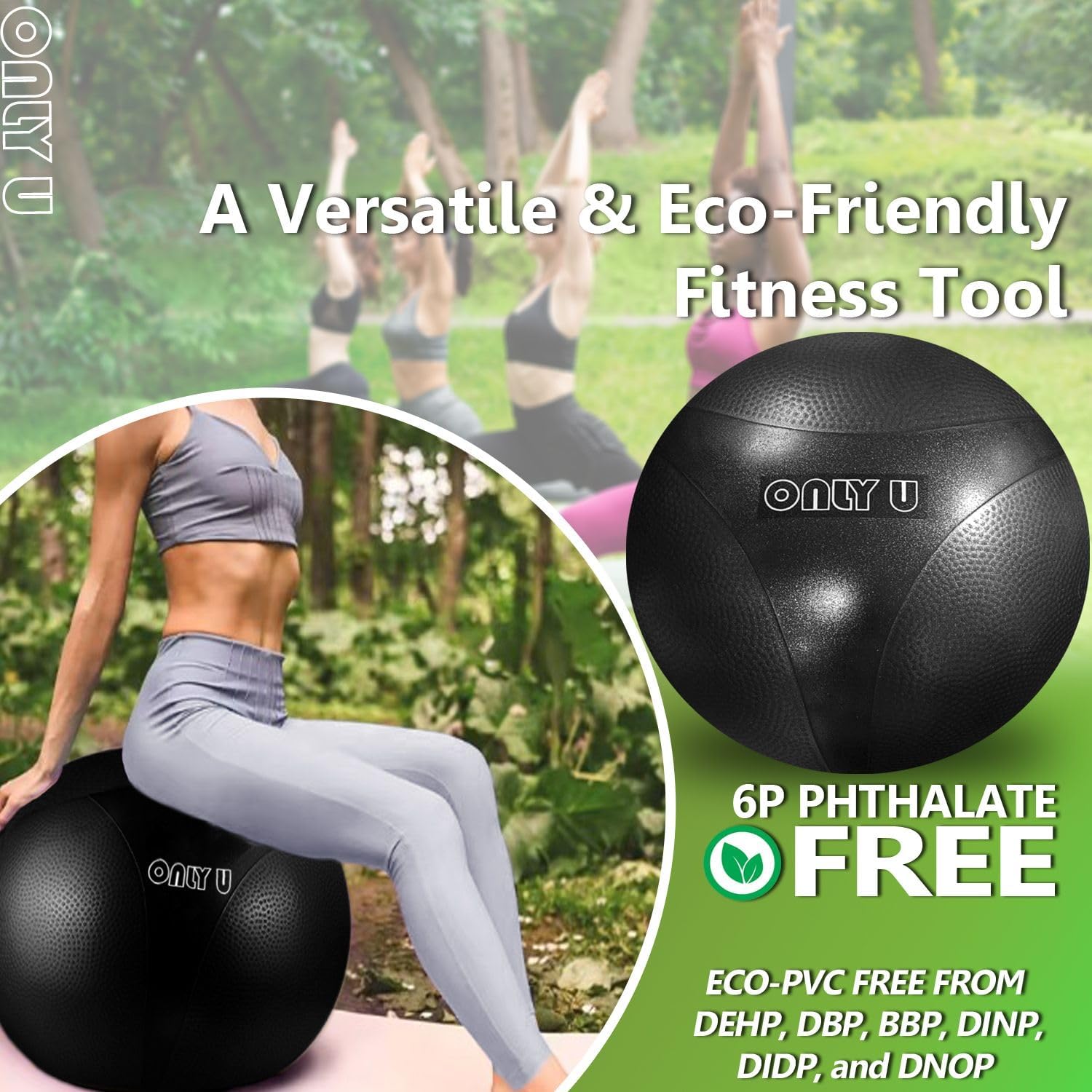 only U Premium Yoga Ball, Exercise Ball, Fitness, Balance and Stability Ball, 65cm Size, Eco-Friendly PVC, Anti Burst, Inflatable, Heavy-Duty Exercise Ball, Black, Hand Air Pump Included, Brand