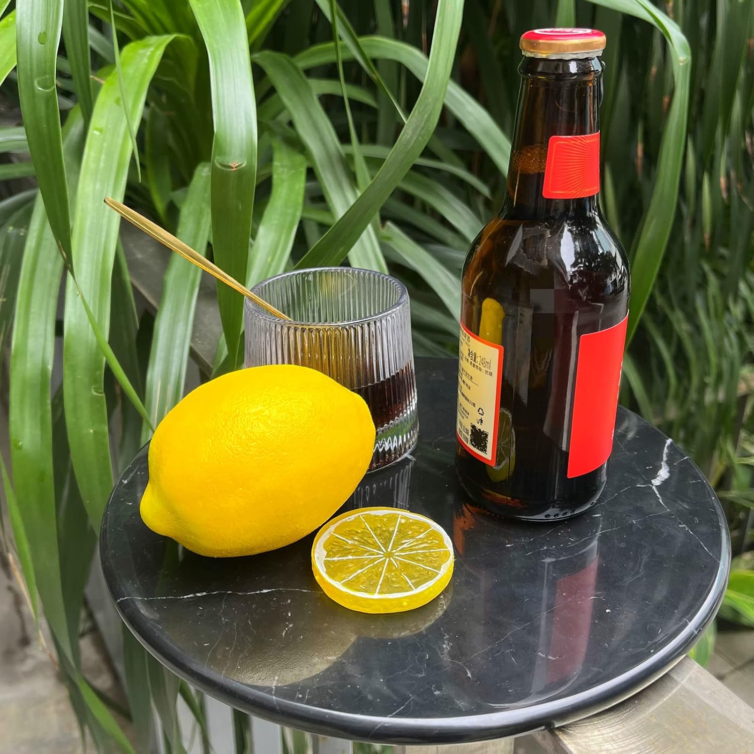 Natural Round Marble Tray Glossy Pastry Board for Dessert, Cheese, Coffee, Appetizers (Black Marquina)