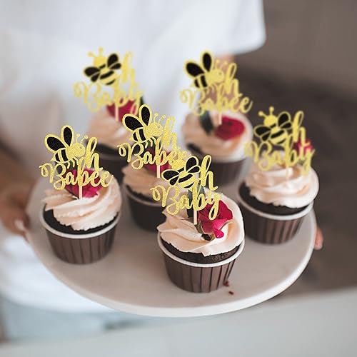 Miniatura 5 de 24 piezas de decoración de cupcakes Bee Oh Baby con purpurina dorada Bumble Bee Oh Babee para cupcakes con temática de abejorros para baby shower de