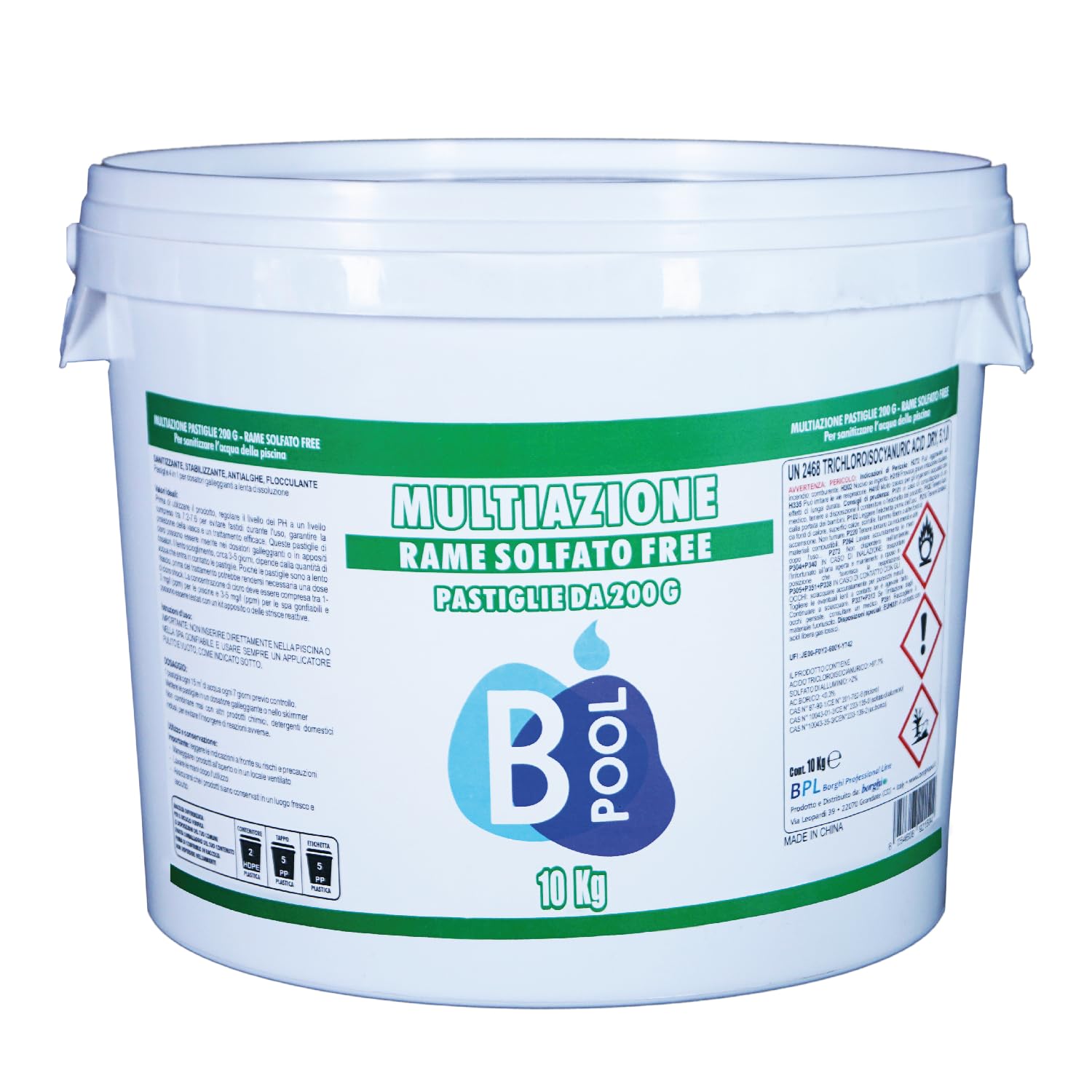 B POOL Multiazione 200 GR Rame Solfato Free. Pastiglie ad azione Sanitizzante, Stabilizzante, Antialghe, Flocculante per il trattamento dell'acqua della tua piscina. Formato da 10 Kg
