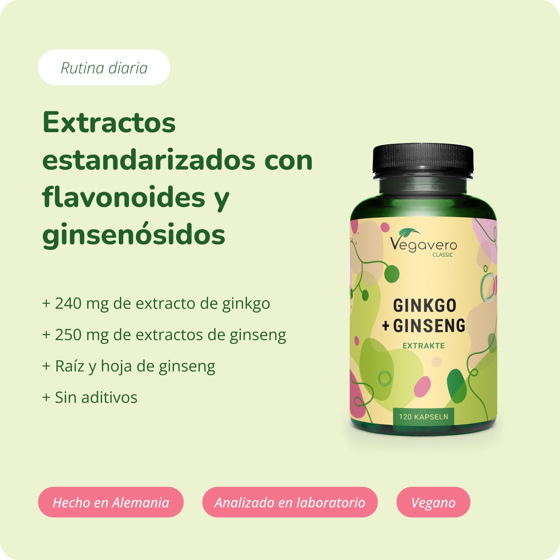 Ginkgo Biloba + Ginseng | 12.000 mg Máxima Dosificación | Circulación Sanguínea, Memoria, Concentración | Sin Aditivos | Probado en Laboratorio | Vegavero