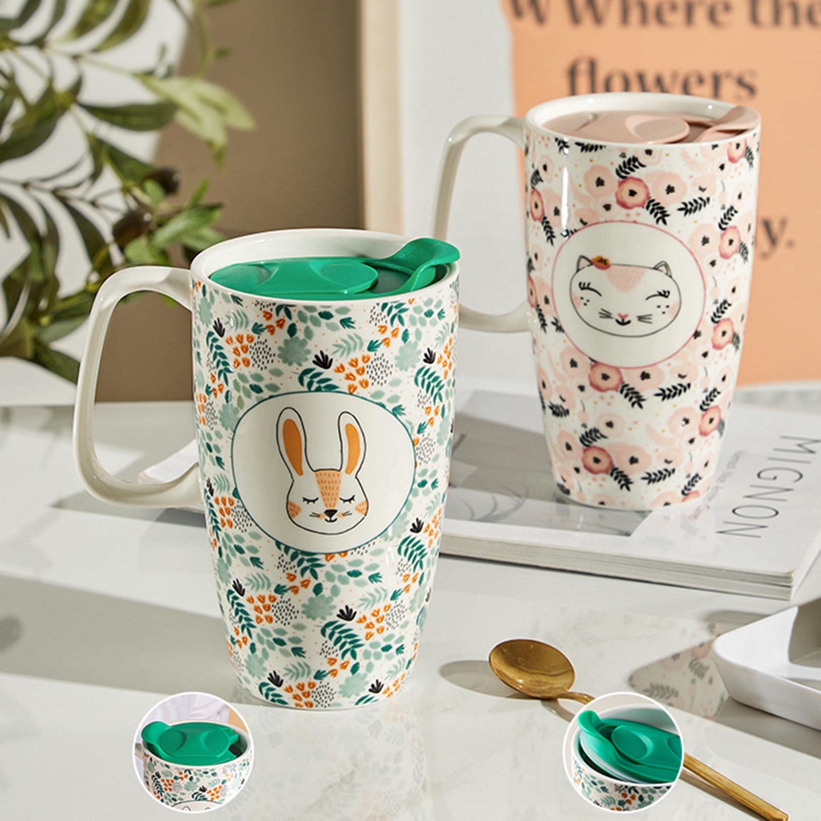 Ceramiczny kubek duży kubek do kawy, wysoki kubek podróżny, porcelana, filiżanka do herbaty latte, filiżanka z pokrywką 20 oz – piękny wybór na prezent ślubny lub prezent walentynkowy, zielony, 600 ml
