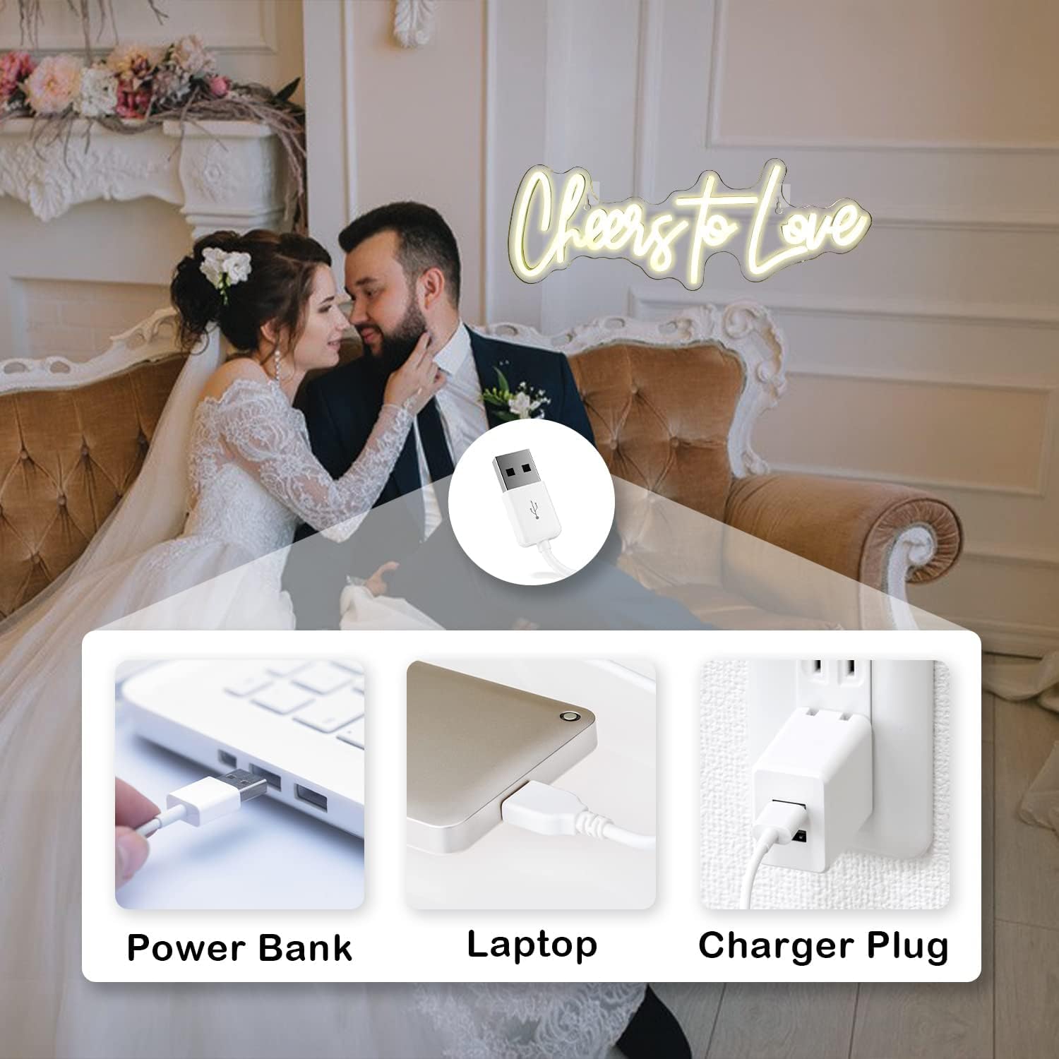 LookLight Cheers to Love Neonschild Warmweißes LED-Leuchtreklame Hochzeit Leuchtreklame USB Acrylic Brief Cheers Leuchtschild für Schlafzimmer Hochzeit Verlobungsfeier Dekoration