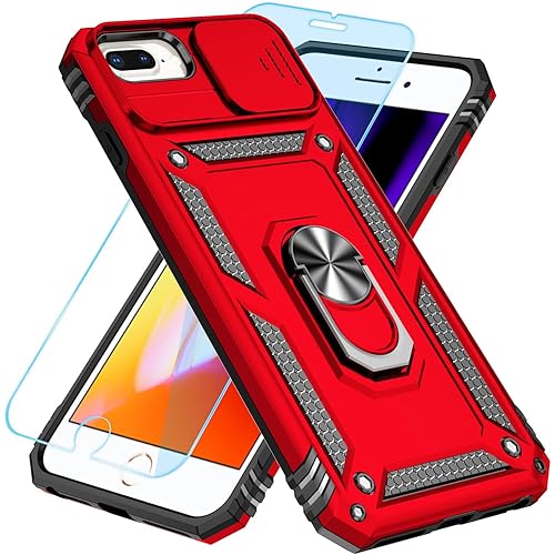 SunStory Compatible with iPhone 8/7/6 Plus Case with HD Screen Protector & Slide Camera Cover & Rotated Ring Kickstand, [Military-Grade] Phone Case for iPhone 6/7/8 Plus (Red)