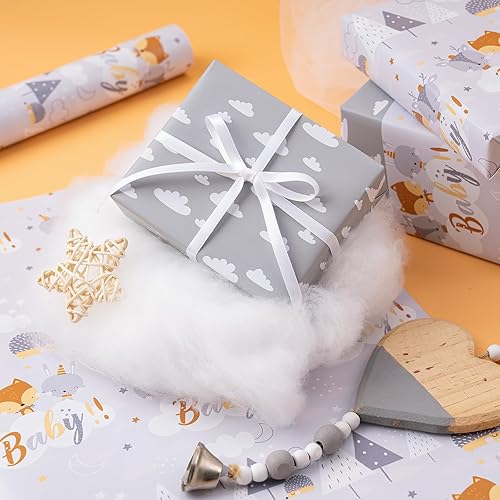 Miniatura 6 de WRAPAHOLIC Papel de regalo reversible para baby shower, mini rollo, 17 pulgadas x 33 pies, diseño de animales grises neutros, baby shower,