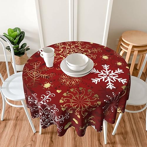 Miniatura 7 de Sweetshow Mantel redondo de Navidad de 60 pulgadas con diseño de copos de nieve blancos y dorados, a prueba de polvo, resistente a las arrugas, para