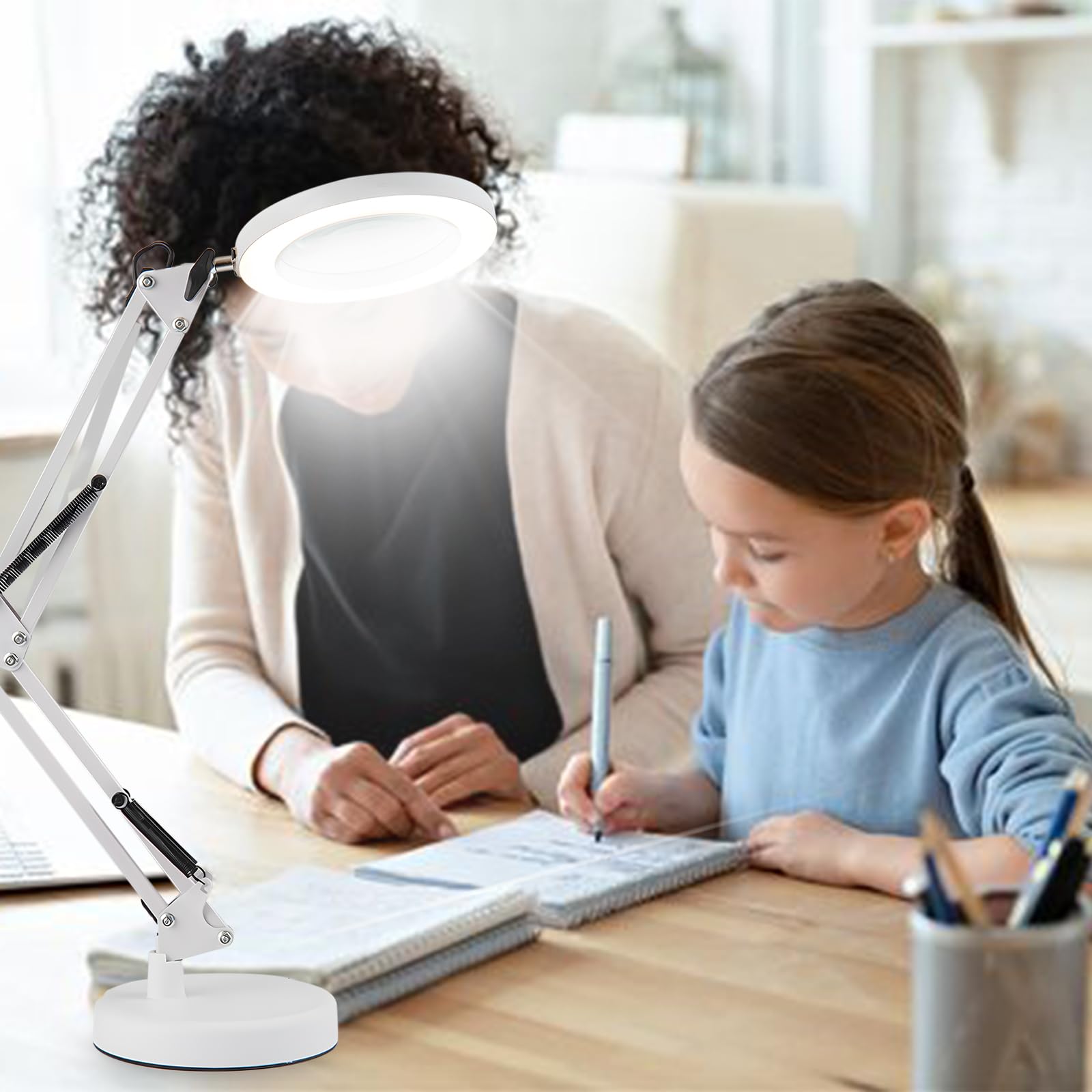 2 en 1 Lupa con Luz y Soporte,Lámpara de Escritorio,con Lupas de 5X,10 Niveles de Brillo Ajustables, Brazo Giratorio Ajustable,para Cosméticos, Práctica Artesanal, Ayuda a La Lectura, Lupa