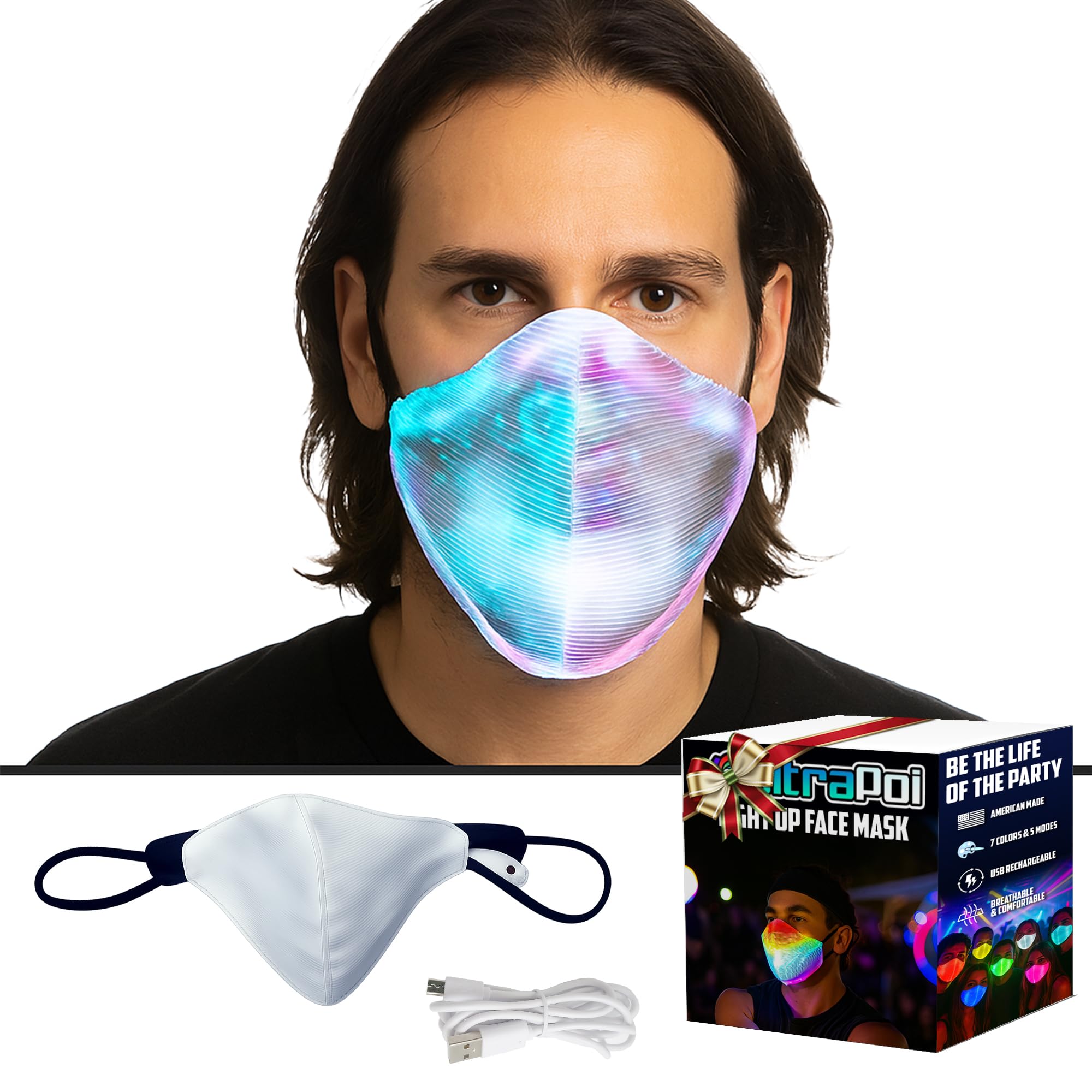 UltraPoi Face Mask Light Up Multi Color LED USB Rechargeable Glowing Luminous Dust Cover for Party Festival Dancing