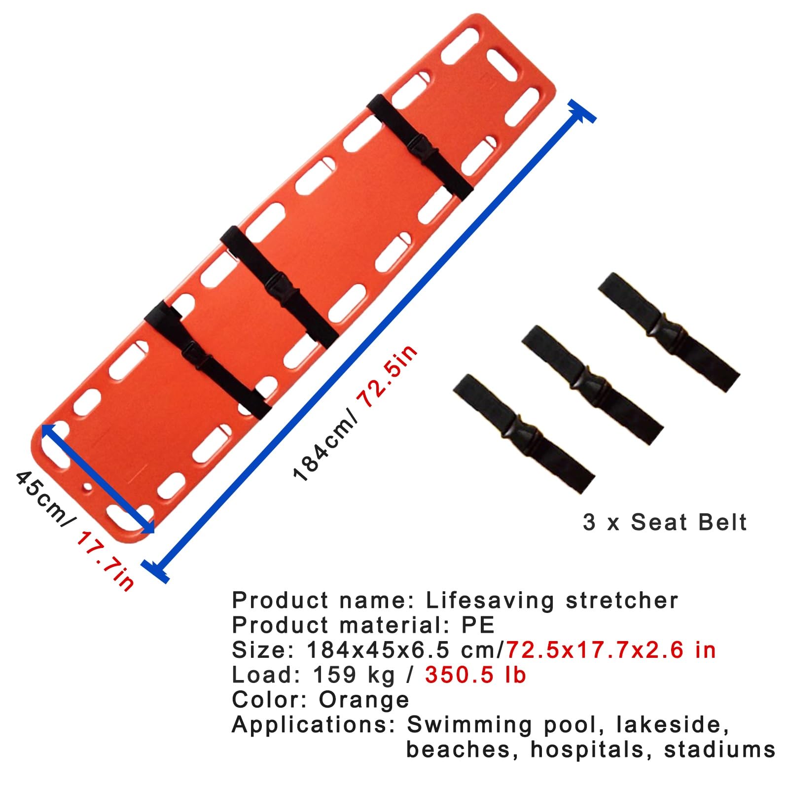 HAIXHX Spineboards Tragbares Schwimmbad-Rettungsbrett, Notfallrettungsbrett Mit 3 Sitzgurten, Wasser Schwimmende Krankentrage First Responder Backboard(184x45x6.5cm/72.5x17.7x2.6in)
