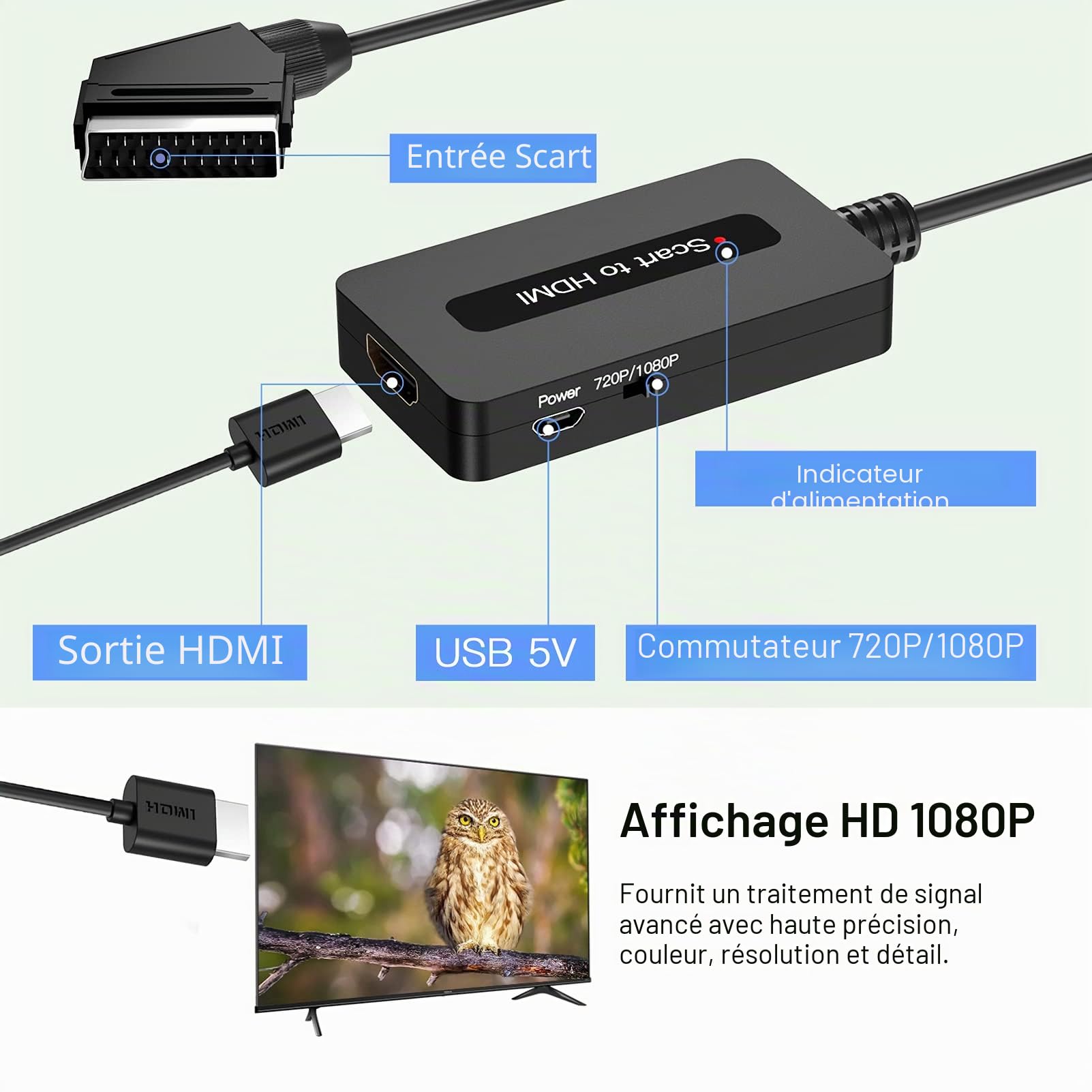 Convertisseur péritel vers HDMI avec câbles, adaptateur péritel mâle vers sortie HDMI pour Sky/DVD/STB avec sortie péritel pour afficher sur les téléviseurs HD