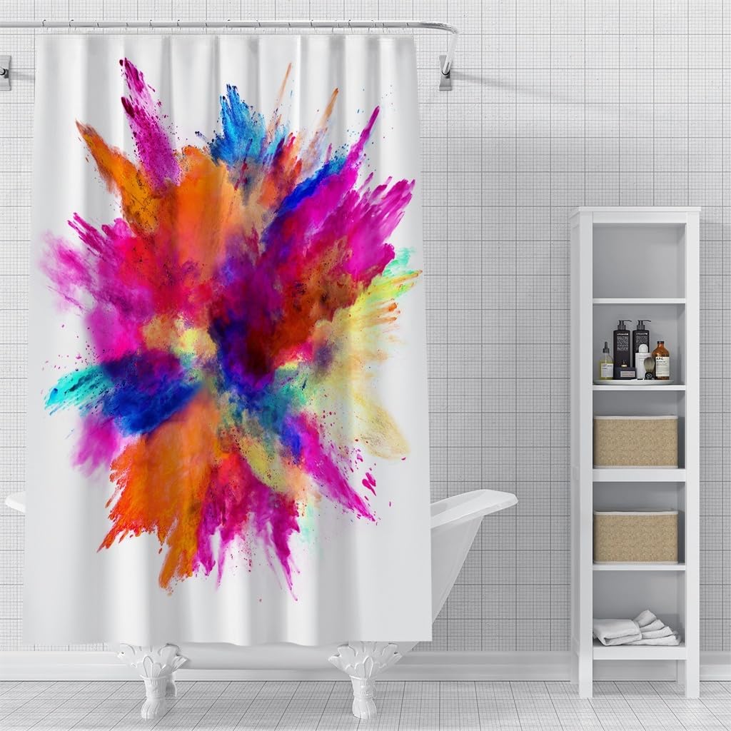 Cortina de Ducha 240 x 200 cm Impermeable con Diseño Abstracto de Humo, Color Azul, Morado, Naranja y Amarillo, Ideal para Bañeras y Baños Modernos y Sencillos en Blanco. Tejido de Poliéster, 240