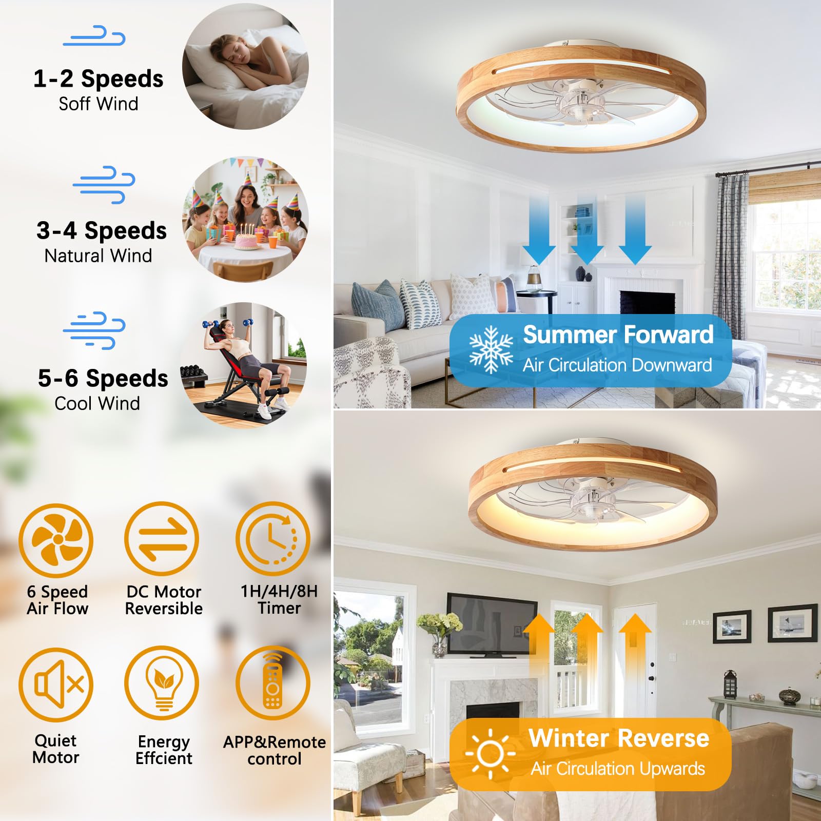 Ventilatore da Soffitto Legno con Luce Modern Camera da Letto 50cm | Lampadario con Ventola,Reversibile Motore DC,Plafoniera con Ventilatore da Soffitto,6 Velocità con Timer,LED Dimmerabile